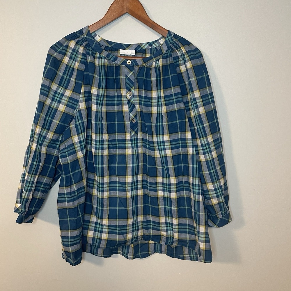J Jill Shirt Womens Size Large Teal‎ Blue Plaid Cotton Voile Popover